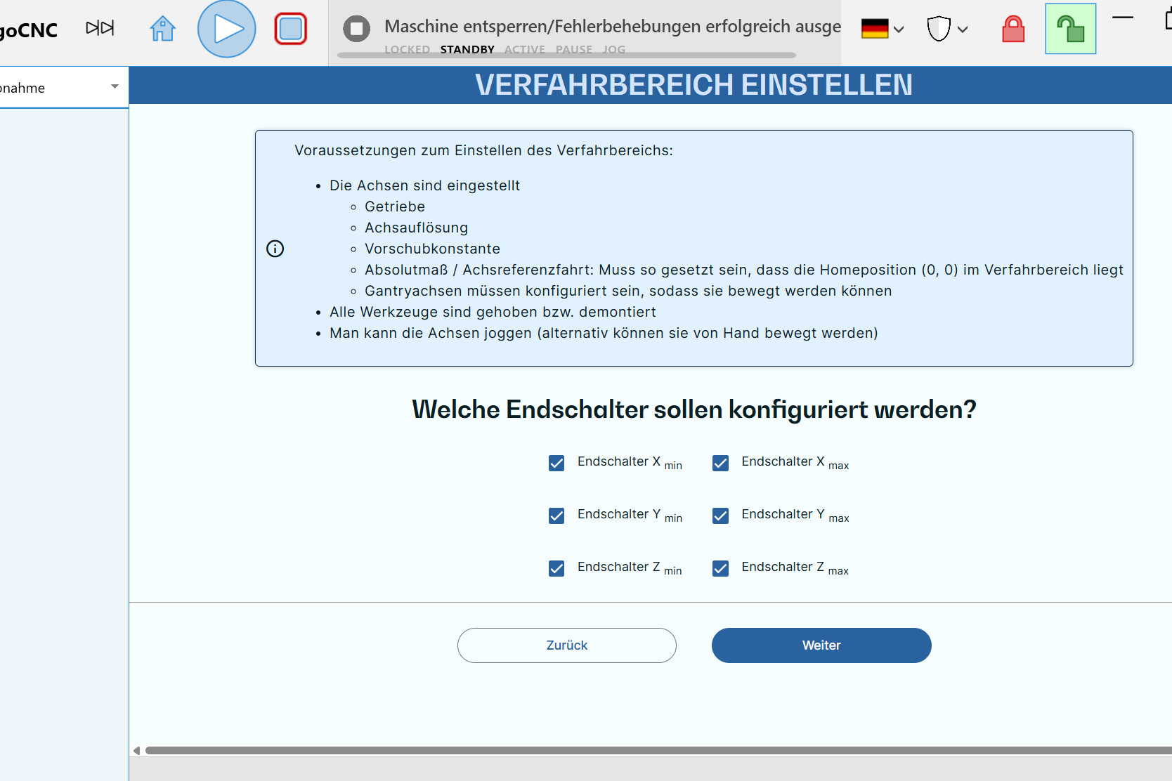 Wizard Verfahrbereich