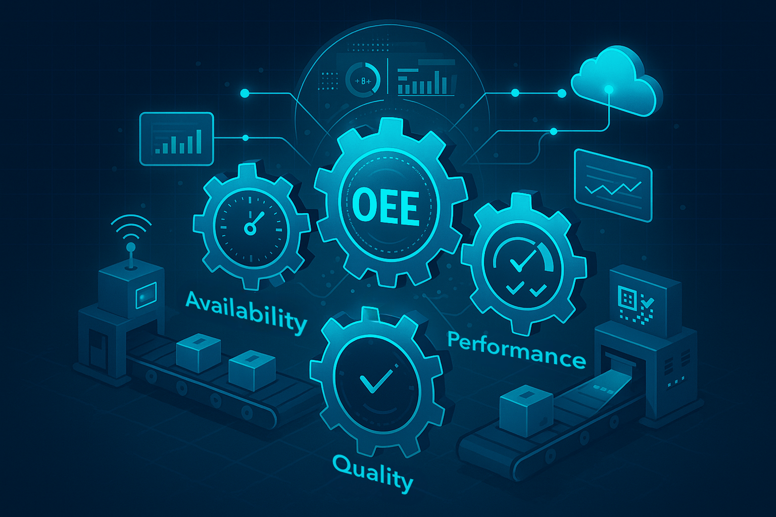 A gear with the inscription OEE, surrounded by three additional gears labelled Availability, Quality, and Performance