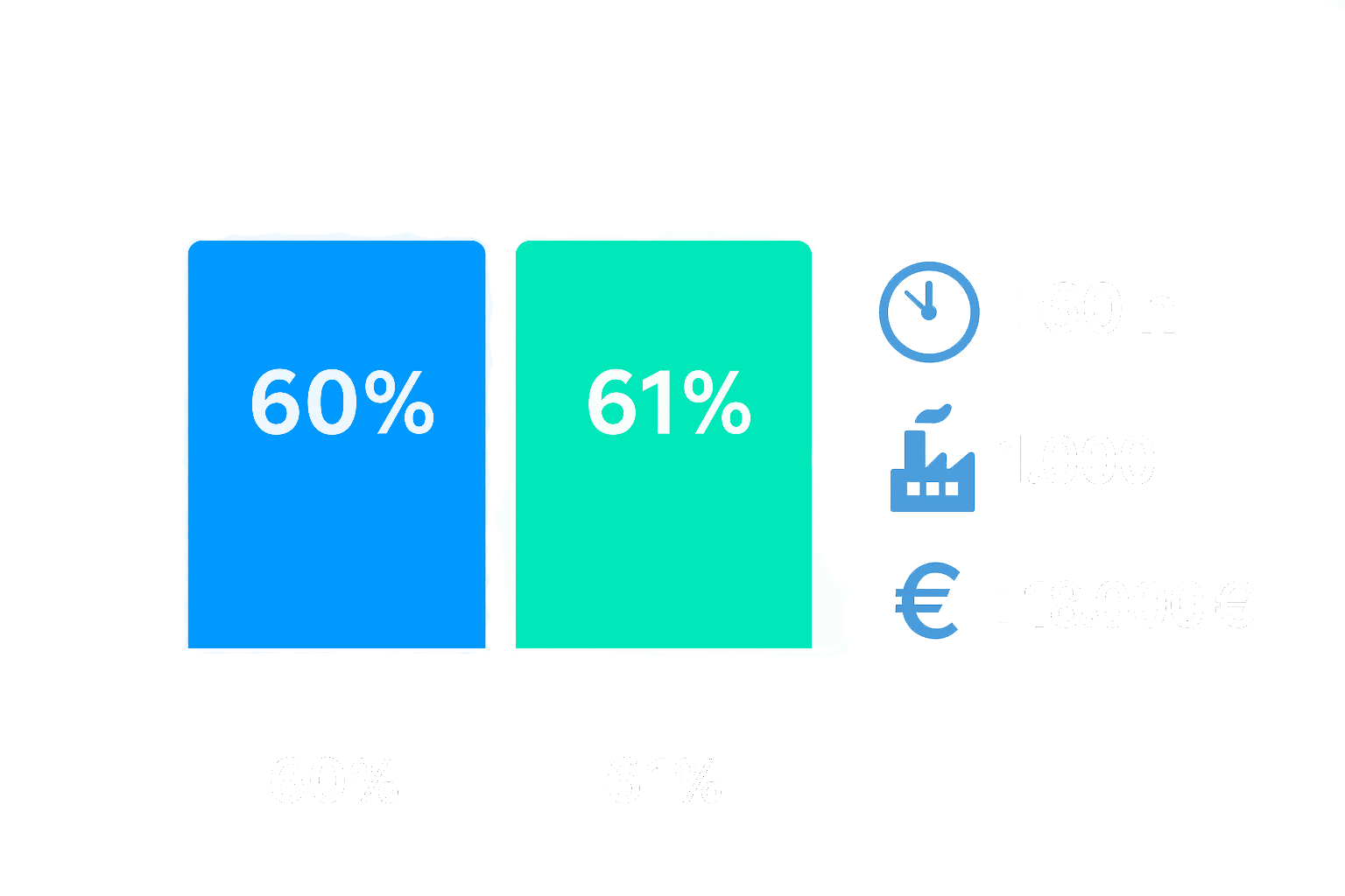 An illustration poses the question: “What does +1% OEE achieve?” Beneath it, a vertical bar chart compares two production years. The first bar represents Production Year One with an OEE of 60%, while the second bar shows Production Year Two with 61%. To the right of the chart, icons highlight the effects of this 1% improvement: a clock symbol indicates an additional 60 hours, a factory icon represents 1,000 extra units produced, and a euro symbol stands for a gain of €18,000.