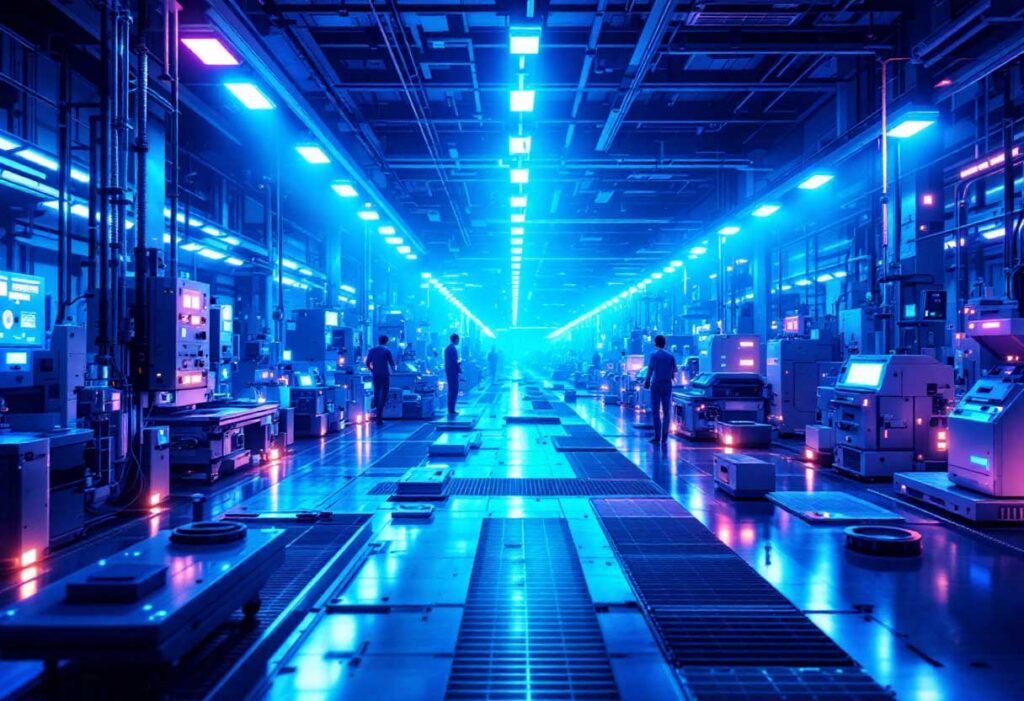 Fabrikhalle mit Maschinen und Monitoren