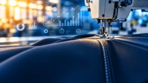 Automotive sewing case study: industrial sewing machine stitching dark blue leather, with machine data charts