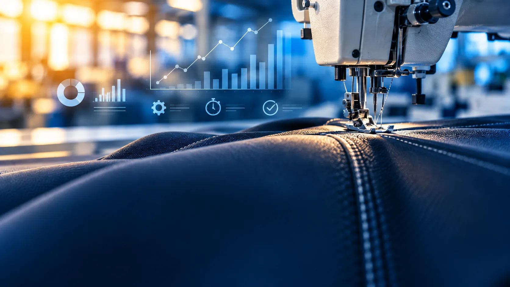 Automotive sewing case study: industrial sewing machine stitching dark blue leather, with machine data charts
