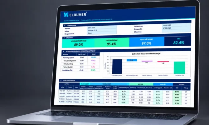 Clouver OEE calculator Excel template showing Overall Equipment Effectiveness KPIs and production loss analysis.